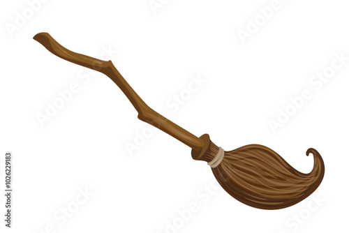 A Wooden Witch's Broomstick Vector Illustration. Perfect for Halloween Magic, Flying Broom for Witchcraft Design, Creepy Elements for Spooky Decorations, and Magical Clipart