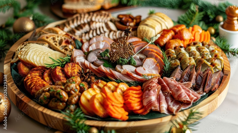 A large wooden platter filled with a variety of meats and vegetables A large wooden platter filled with a variety of meats and vegetables