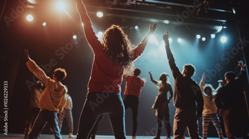 Diverse actors rehearsing scene, theater background, soft lighting,