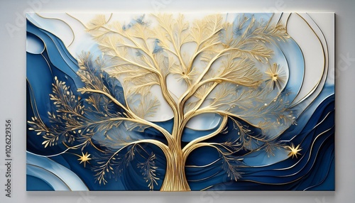 gold and blue abstract winter tree wall art