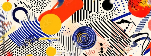 Abstract geometric shapes in a pattern of stripes, dots, and swirls in red, yellow, blue, and black.