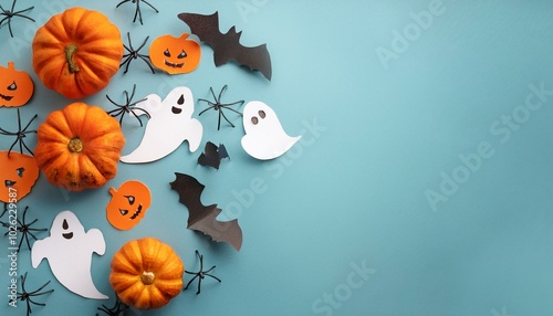 halloween decor pumpkins spiders bats ghosts paper garland on light blue vertical background flat lay top view