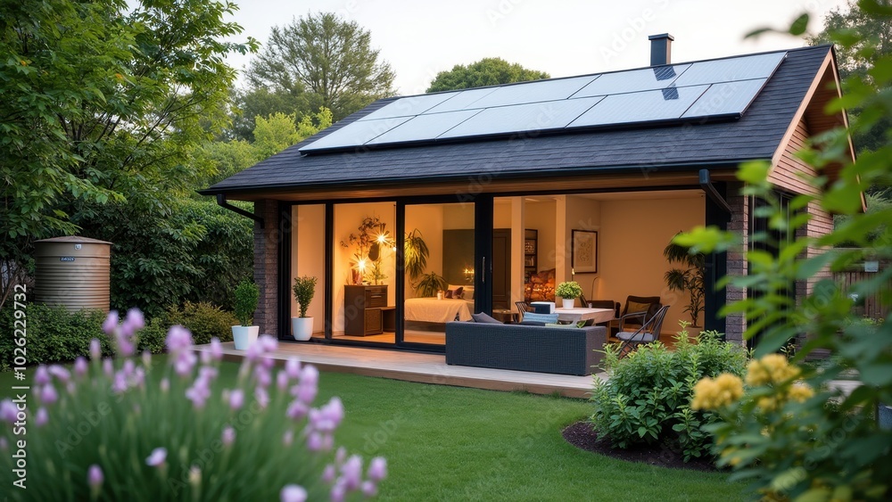 Fototapeta premium Modern Home with Solar Panels and Lush Garden View