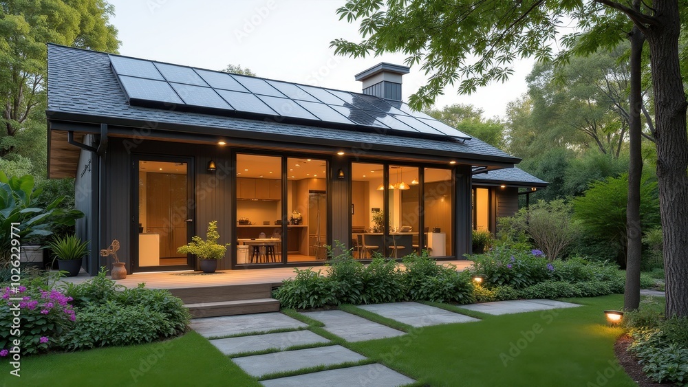 Modern Home with Solar Panels in Lush Environment Modern Home with Solar Panels in Lush Environment