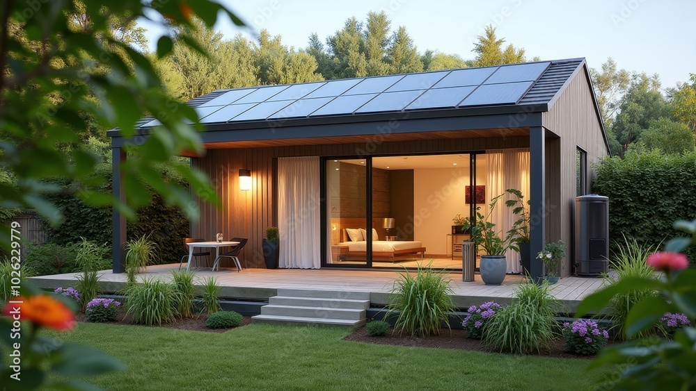 Fototapeta premium Modern Home with Solar Panels and Lush Garden