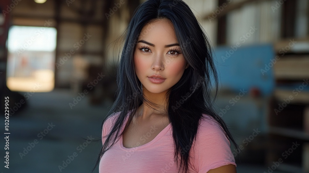 A woman with long hair and a pink shirt is standing in a dark room A woman with long hair and a pink shirt is standing in a dark room