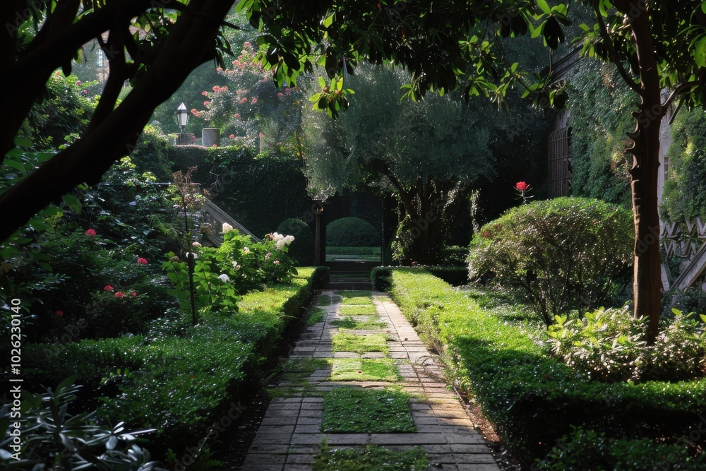 A garden path with a brick walkway and bushes A garden path with a brick walkway and bushes