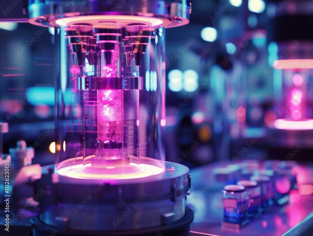 A lab with a purple glowing object in a glass container A lab with a purple glowing object in a glass container