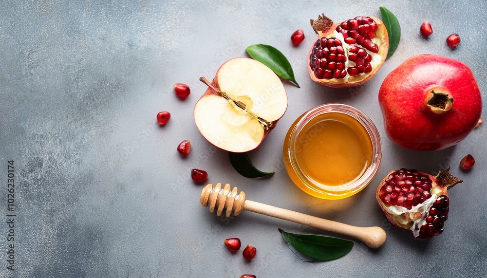 happy rosh hashanah shana tova concept flat lay composition with honey apples pomegranate green leaves on stone table happy rosh hashanah shana tova concept flat lay composition with honey apples pomegranate green leaves on stone table