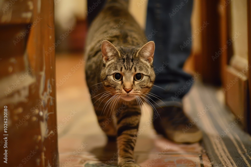 A cat is walking on a carpeted floor in front of a person A cat is walking on a carpeted floor in front of a person