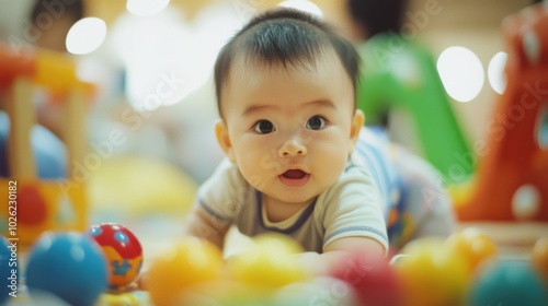 Cute baby crawling on a colorful play mat