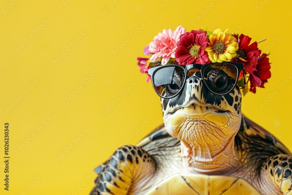 Tropical turtle in sunglasses and floral crown on yellow background