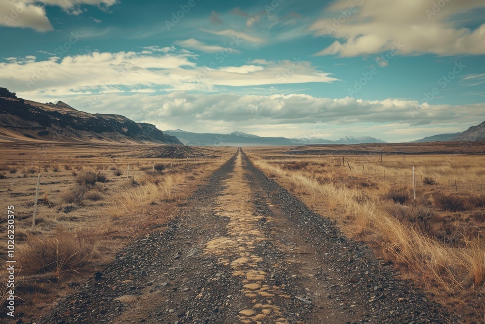 A long road stretches across a dry, barren landscape A long road stretches across a dry, barren landscape