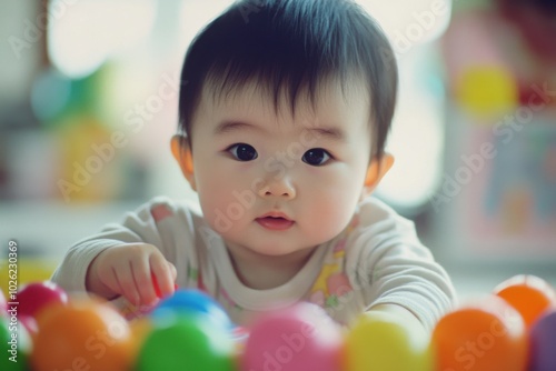 Curious baby exploring colorful balls
