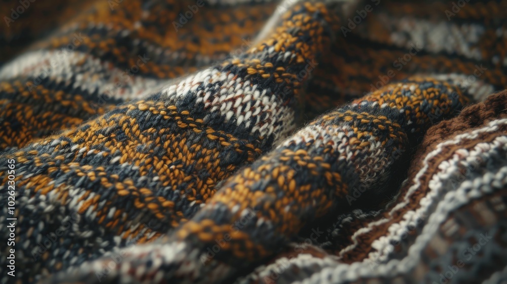 A knitted blanket with a mix of brown and gray colors A knitted blanket with a mix of brown and gray colors