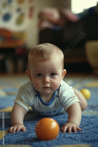 Curious baby exploring colorful toys on the floor