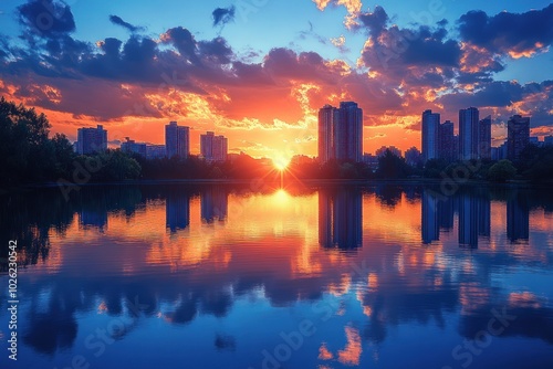 A vibrant sunset casts an orange glow over a city skyline reflected in a calm lake.