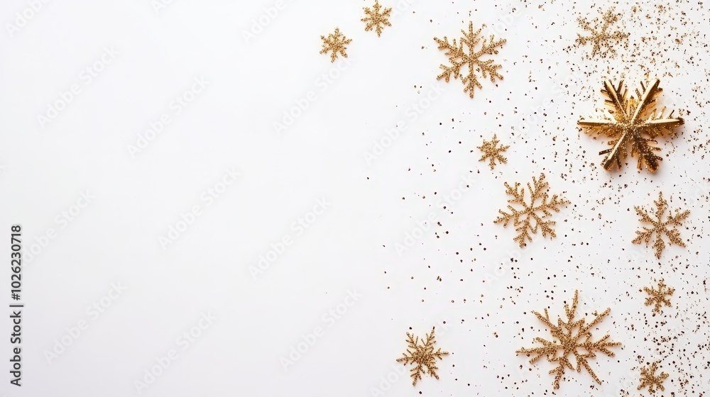 Golden snowflakes scattered on a white background for festive winter decorations during the holiday season Golden snowflakes scattered on a white background for festive winter decorations during the holiday season