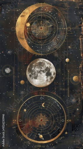 A painting of the moon and stars with a gold frame