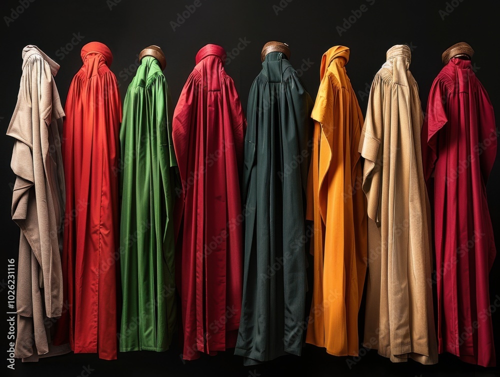 A row of colorful robes hang on a wall A row of colorful robes hang on a wall
