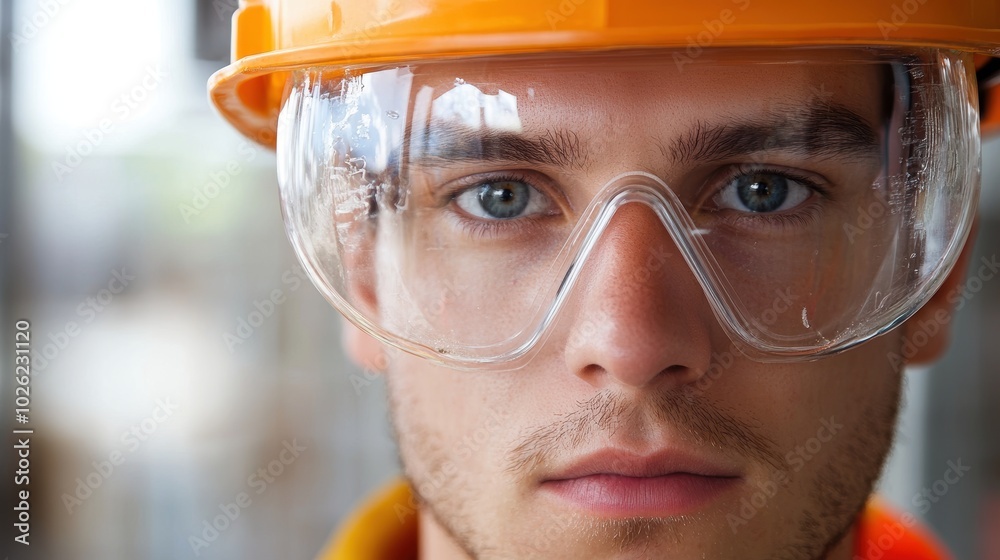 Close up of worker focused eyes through safety goggles Close up of worker focused eyes through safety goggles