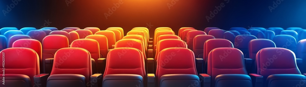Fototapeta premium Colorful cinema seats arranged in rows under dramatic lighting.