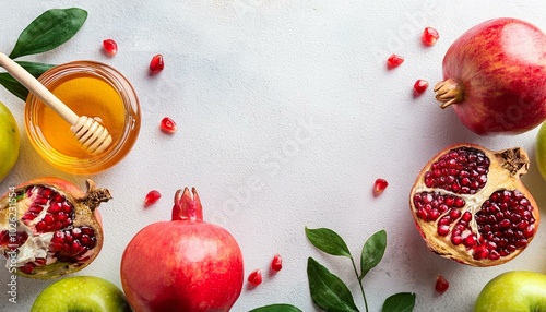 rosh hashana jewish holiday concept flat lay frame of pomegranates apples green leaves honey on white stone background