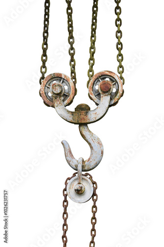 A tackle with pulleys, lifting hook and chains isolated on the transparent background