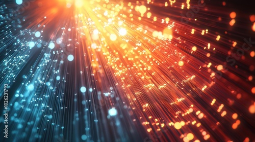 Fiber optic telecommunication network, emphasizing light transmission through glass fibers, with intricate visuals of data pulses