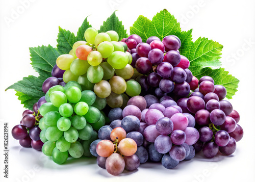 vibrant assortment of plump, juicy grapes in varying shades of green, purple, and red, beautifully arranged with fresh green leaves, showcasing their natural beauty and freshness