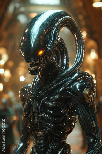 reflective steampunk xenomorph with a futuristic design