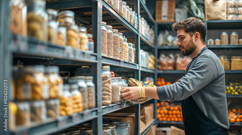 Volunteers Stacking Shelves in Food Pantry	