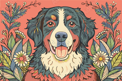 Vibrant Illustrated Portrait of a Happy Bernese Mountain Dog Surrounded by Floral Elements
