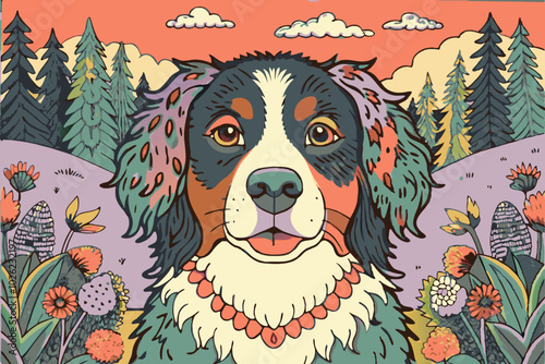 Charming Cartoon Bernese Mountain Dog in Whimsical Forest Landscape