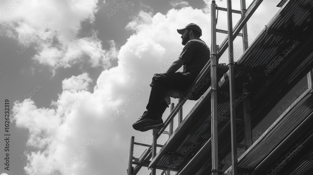 Man and dog resting on scaffolding, enjoying the view Man and dog resting on scaffolding, enjoying the view