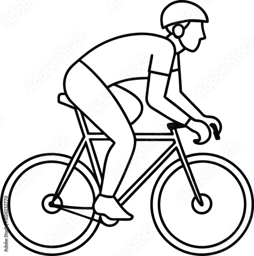 A Man ride bicycle in one continuous single line art drawing style. Adventure traveling outdoor sport bicycling outline vector illustration isolated.