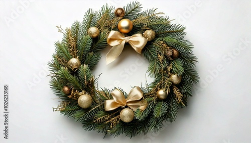 Corona de navidad adornos dorados y lazos con fondo blanco 
