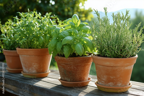 An apartment windowsill herb garden. The dark soil contrasts with the bright green leaves, and the view of the relaxing cityscape