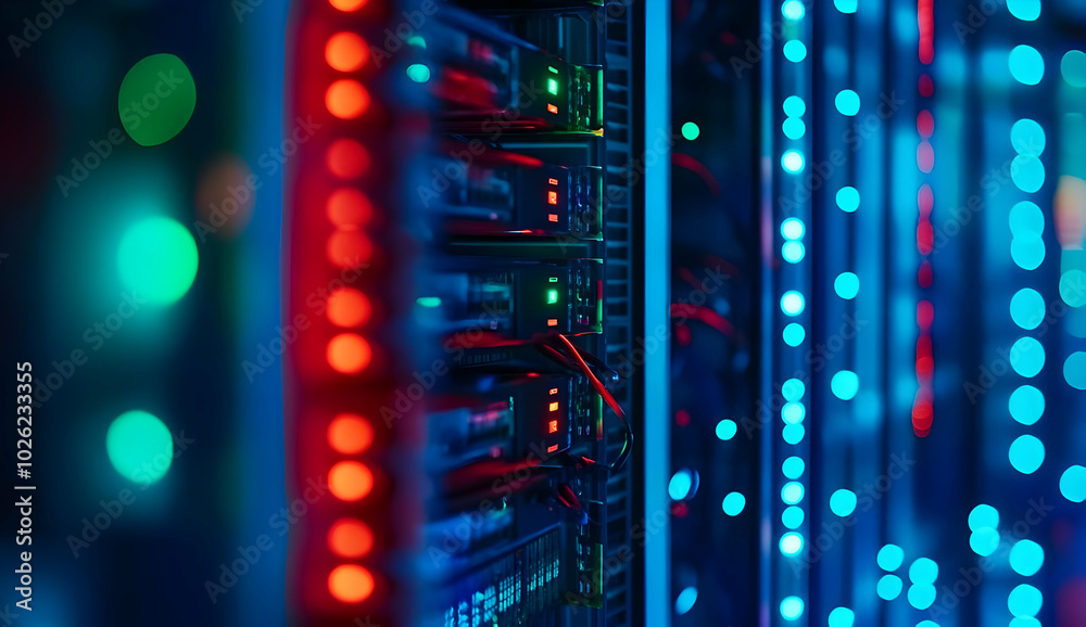 Close-Up of Advanced Server Rack with Colorful Lights Close-Up of Advanced Server Rack with Colorful Lights