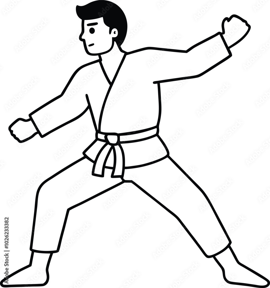 An one man continuous line drawing karateka fighter in kimono practicing karate kick combat. Karateka sport single line art illustration. Karate outline design. An one man continuous line drawing karateka fighter in kimono practicing karate kick combat. Karateka sport single line art illustration. Karate outline design.