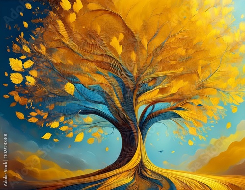 yellow and blue abstract autumn tree
