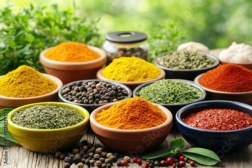 Variety of spices and herbs in colorful bowls on rustic kitchen table