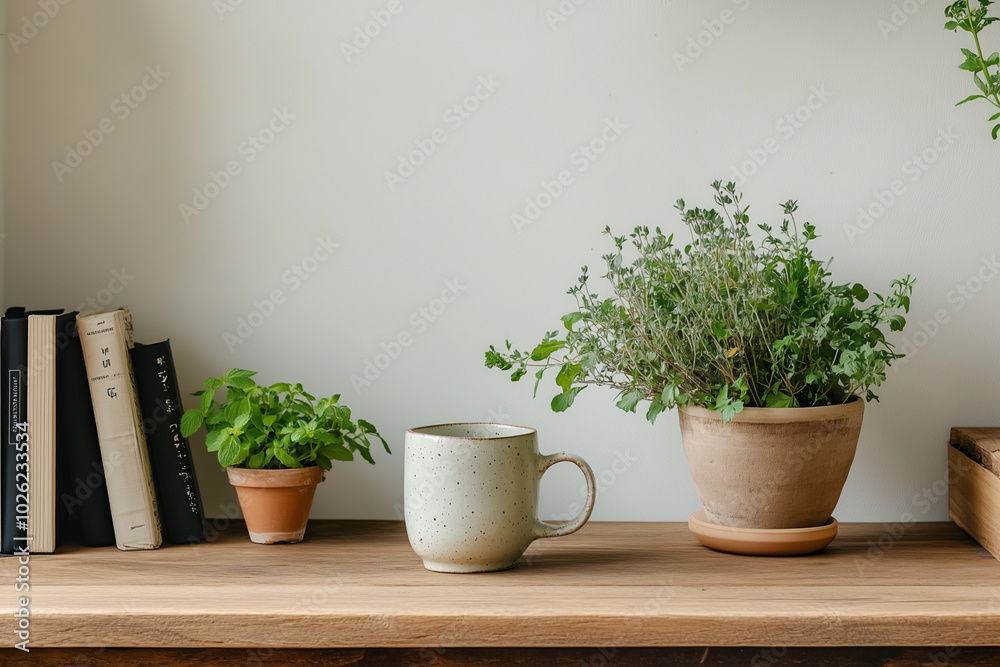An apartment windowsill herb garden. The dark soil contrasts with the bright green leaves, and the view of the relaxing cityscape An apartment windowsill herb garden. The dark soil contrasts with the bright green leaves, and the view of the relaxing cityscape