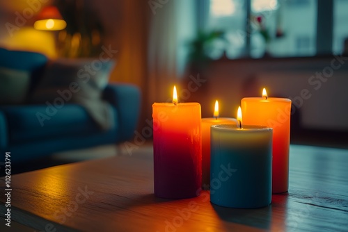 vibrant candles in rich blues, purples, oranges, and pinks, with wax melting and dripping down the sides. The steady flames create a warm, inviting