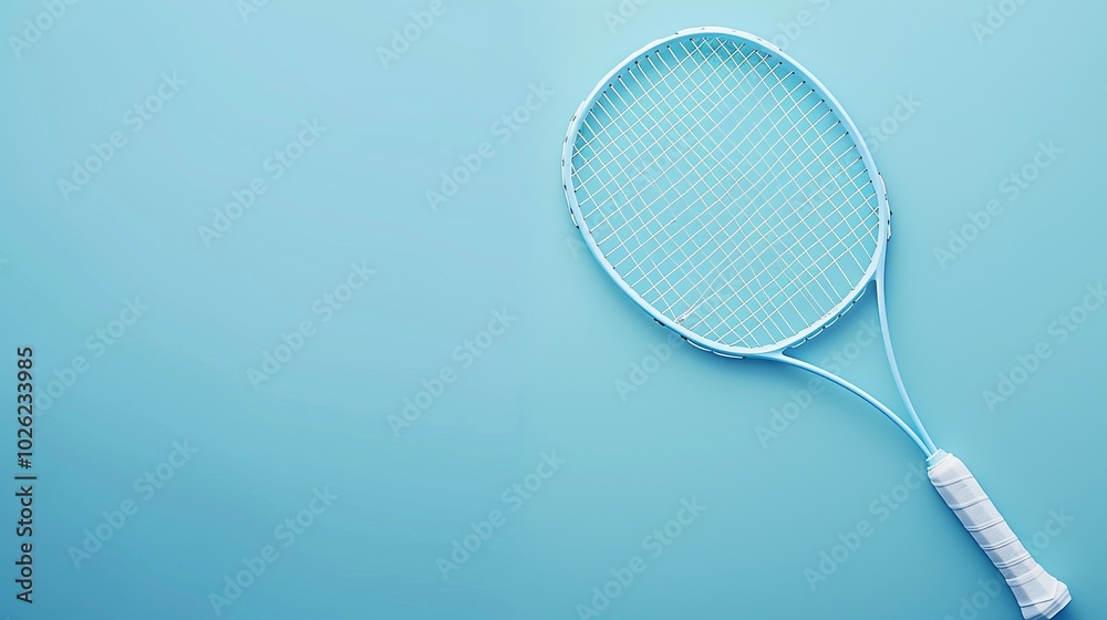 A banner with a tennis racket on a blue background with copy space. Horizontal photo tennis concept. A banner with a tennis racket on a blue background with copy space. Horizontal photo tennis concept.