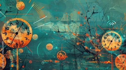 Illustration Connectivity theme in orangeteal double exposure style clockswifi photo