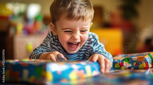 A happy little boy opens presents, laughing with delight.