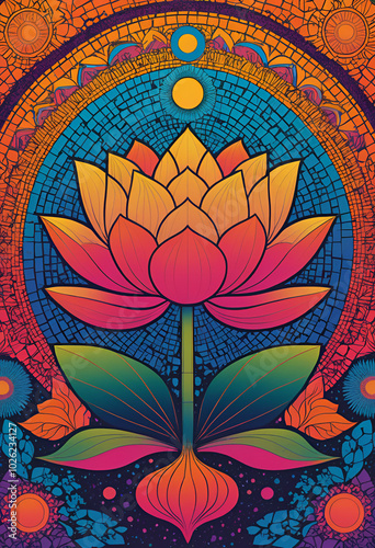 Vibrant lotus flower mosaic in psychedelic colors against intricate mandala background