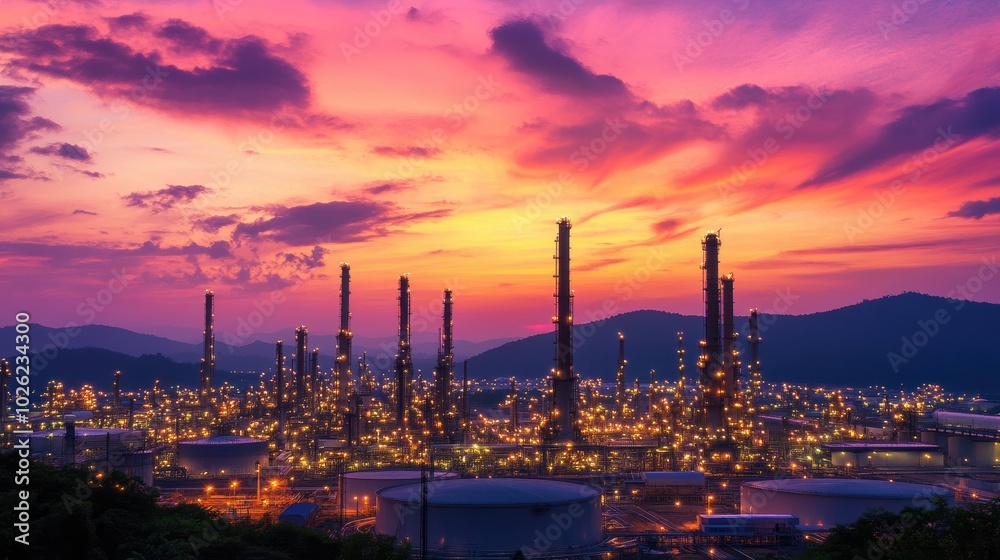 Panoramic shot of oil refinery at sunset Panoramic shot of oil refinery at sunset