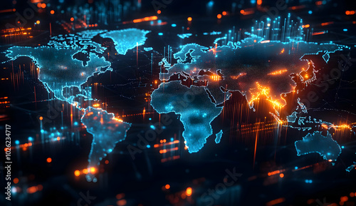 Digital World Map with Glowing Data Points